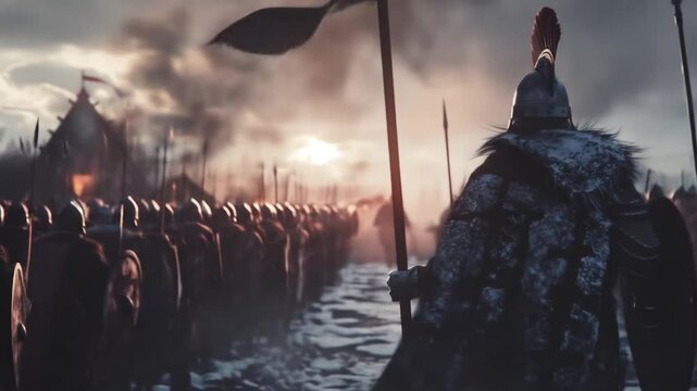 Epic medieval battle scene with Viking warriors marching through snowy landscape carrying shields spears and banners in dramatic cinematic war composition