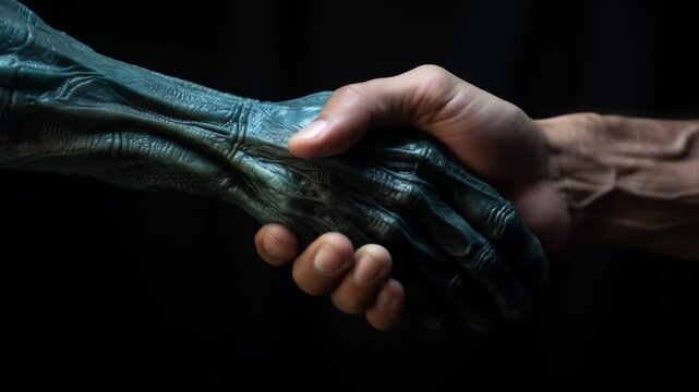 Extraterrestrial alien hand meeting human hand in symbolic handshake representing first contact, intergalactic alliance and conspiracy theories about otherworldly beings