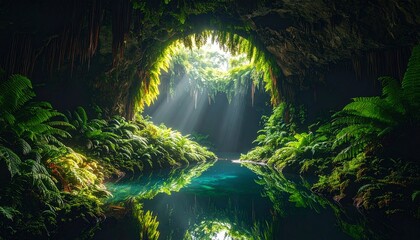 Dreamlike Fern Grotto with Vaulted Arch, Soft Volumetric Light Rays Illuminating Pristine Underground Lake, Lush Greenery, Serene Cave Nature Landscape
