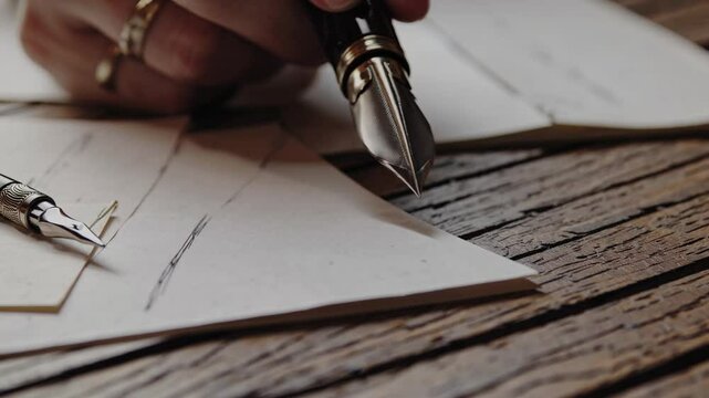 Close view of hand writing with fountain pen on aged paper surface shows creative process and traditional craftsmanship against rustic wooden background