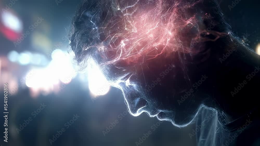 Poster medical visualization of a man's auditory cortex glowing and showing intense activity while he is su