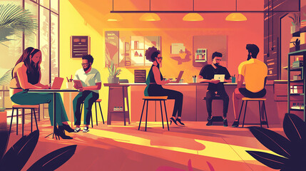 Diverse professionals working together in a modern coworking space.