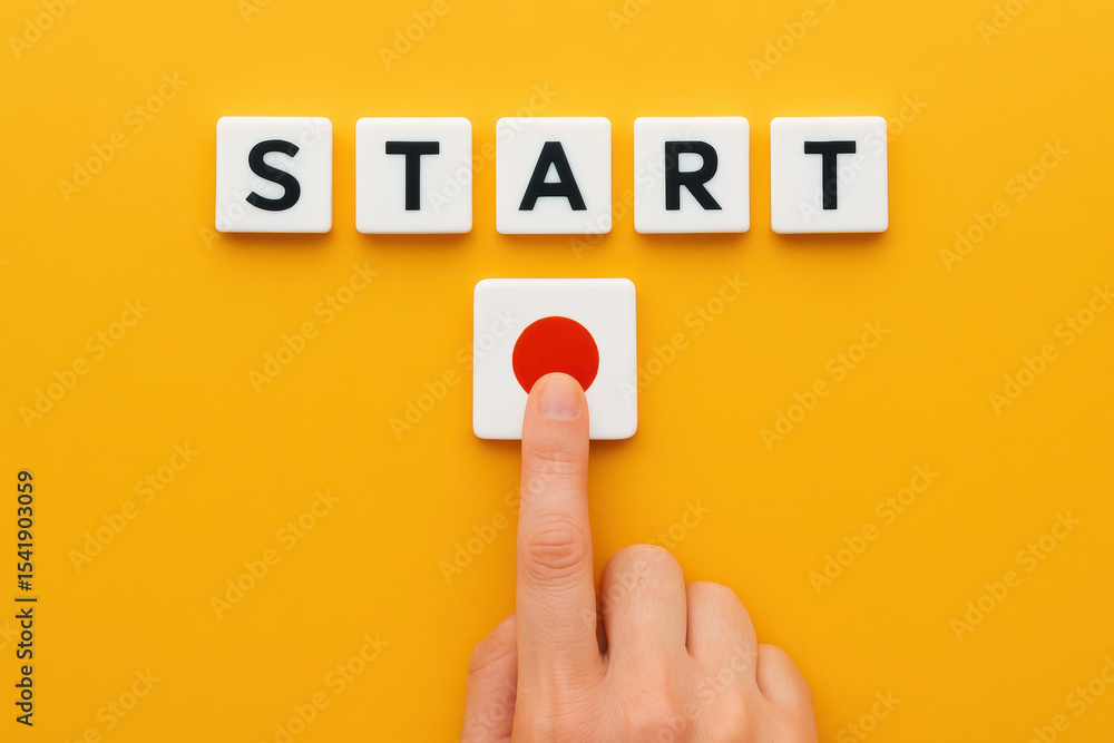 Poster initiating progress requires a decisive action shown here by pressing a button to symbolically begin