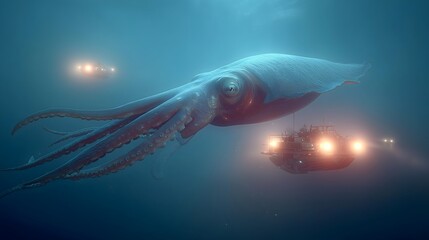Giant squid illuminated by submersibles in deep ocean exploration explores stunning underwater world