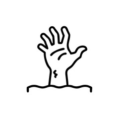 Black Outline Drawing of a Hand Reaching Up From Beneath a Surface Suggestive of Drowning or Being Buried Alive Simple Line Art Graphic
