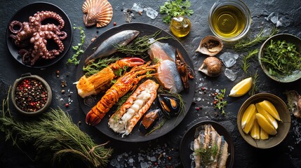 Gourmet Assortment of Seafood and Steak Dishes on Dark Background