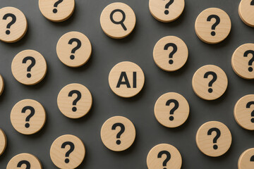 Concepts innovation and inquiry are illustrated by wooden discs marked with question marks highlighting AI’s role in decision-making