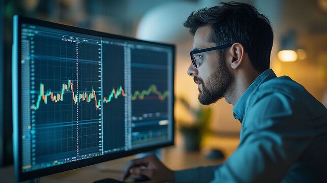 A businessman analyzing stock market charts on a computer screen in a modern office.