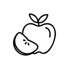 Line Art Illustration of a Whole Apple and a Slice of Apple with Leaves Handmade Autumn Design Element
