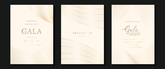 Obraz na płótnie Canvas Luxury wedding invitation card background vector. Golden elegant gold wavy lines on light background. Premium design illustration for wedding and vip cover template, banner, poster.