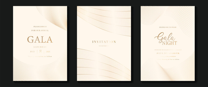 Luxury wedding invitation card background vector. Golden elegant gold wavy lines on light background. Premium design illustration for wedding and vip cover template, banner, poster.