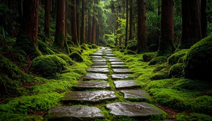Obraz premium Moss-Blanketed Stone Pathway Disappearing into Shadowy Evergreen Forest, Dappled Twilight Light, Lush Green Nature Trail, Mysterious Woodland Journey, Tranquil Scene