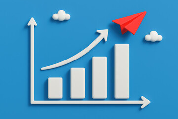A stylized bar chart illustrates growth and progress with an ascending trend symbolized by arrows and a red paper plane