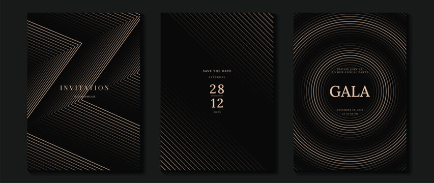 Luxury wedding invitation card background vector. Golden elegant gold wavy lines on dark background. Premium design illustration for wedding and vip cover template, banner, poster.