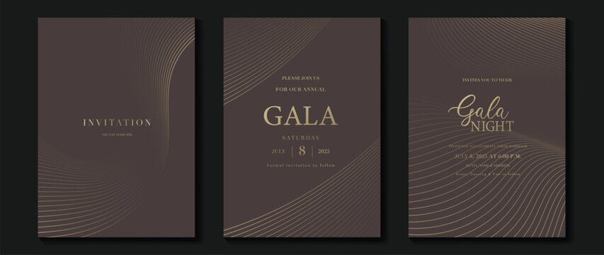 Luxury wedding invitation card background vector. Golden elegant gold wavy lines on brown background. Premium design illustration for wedding and vip cover template, banner, poster.