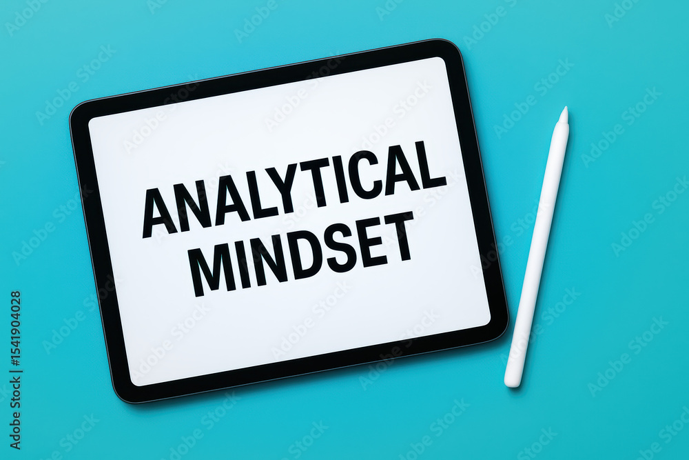 Poster an analytical mindset promotes strategic thinking and problem solving represented by a digital table