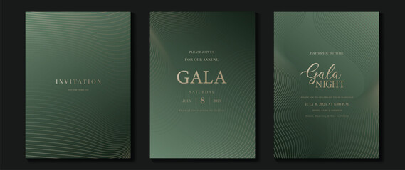 Obraz na płótnie Canvas Luxury wedding invitation card background vector. Golden elegant gold wavy lines on green background. Premium design illustration for wedding and vip cover template, banner, poster.