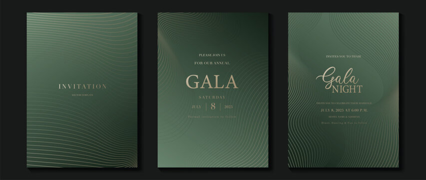 Luxury wedding invitation card background vector. Golden elegant gold wavy lines on green background. Premium design illustration for wedding and vip cover template, banner, poster.