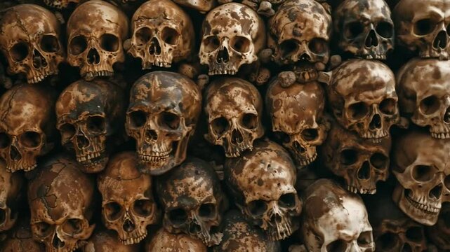 Macabre collection of human skulls stacked in rows. Ancient weathered bones of a genocide. Chilling archaeological or historical display evoking mortality themes