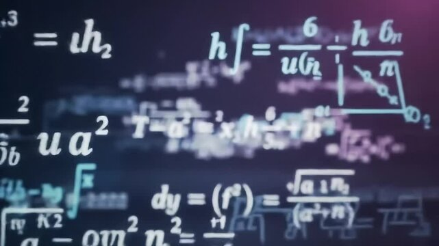 Blurred math formulas symbols and equations on a dark background