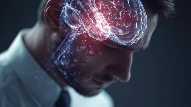 Medical visualization of a businessman with a concussion showing the glowing area of the cerebral bruise, highlighting the impact on brain function and health