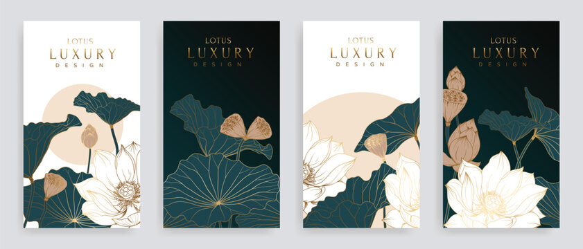 Luxury lotus hand drawn pattern cover design vector. Wallpaper with white lotus, blooms and leaves design in gold line art. Illustration for social media post, internet, packaging, covers, and prints.