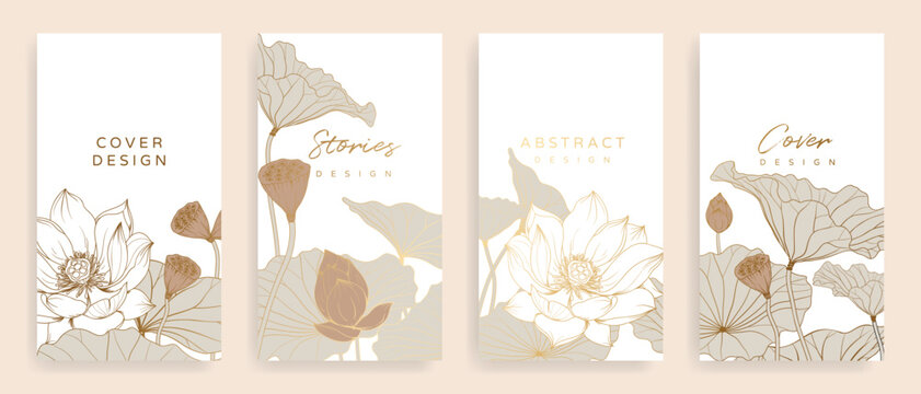 Luxury lotus hand drawn pattern cover design vector. Wallpaper with white lotus, blooms and leaves design in gold line art. Illustration for social media post, internet, packaging, covers, and prints.