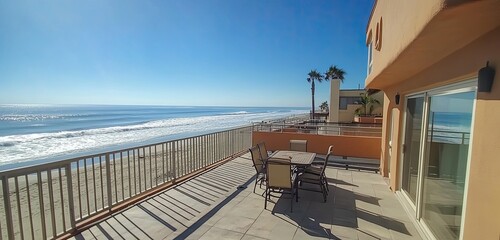 A luxury oceanfront condo with a rooftop terrace and sweeping ocean views, creating an ideal space to relax and enjoy the beach scenery.