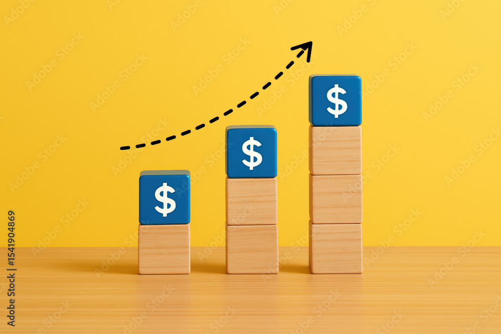 Poster progress in financial growth is symbolized by stacks wooden blocks topped with dollar signs rising f