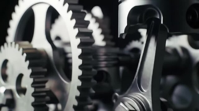 Engines gears  pistons chrome look underlit focus shifts on shapes  mechanical interactions