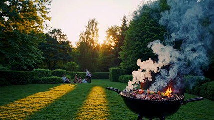 Evening garden barbecue smoke rising from grill at sunset outdoor cooking social gathering leisure nature relaxation family summertime enjoyment