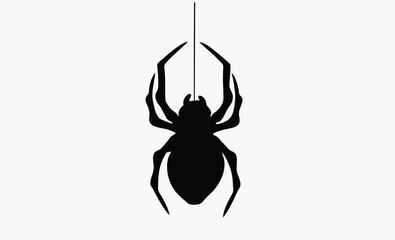 Spider hanging silhouette, halloween web vector, creepy insect icon, Silhouette of a spider hanging from a web, halloween vector 