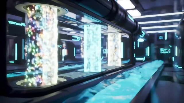 Futuristic lab interior featuring luminous cylinders a stream of water and hightech architecture