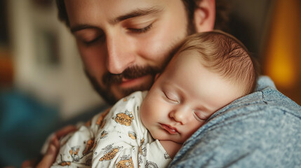 A father holding his sleeping baby on his chest, both calm and connected.