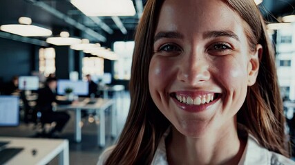 Businesswoman in modern open plan office interior highlights determination leadership career aspirations teamwork professional success workplace energy