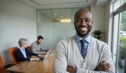 Confident businessman standing in a modern office with colleagues working in the background