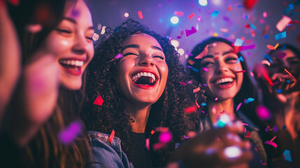 A group of friends laughing and throwing confetti in the air with vivid pink and purple lighting.
