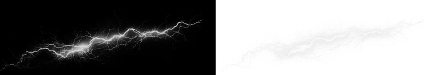 Powerful lightning glows in stormy sky as colored flash spark strikes through thunder. Lightning bolt and PNG light blend with thunderbolt. Glow and PNG shine enhance colored lightning.