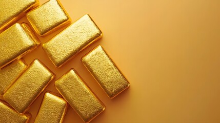 A high-resolution close-up photograph showcases a meticulously arranged collection of gleaming gold bars on a subtly textured, pale orange background, offe a focus on the
