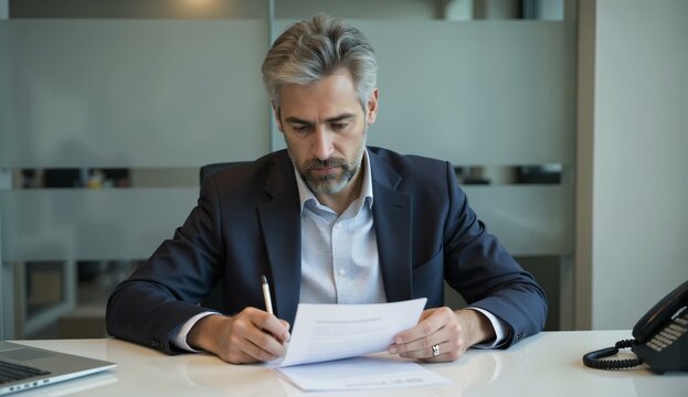 A man in a suit is reviewing documents at a desk in an office setting.