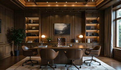 Fototapeta premium Elegant Executive Office with Wooden Interiors and Modern Furniture