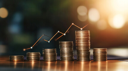 A stack of coins growing step by step with a line graph showing increasing profit.