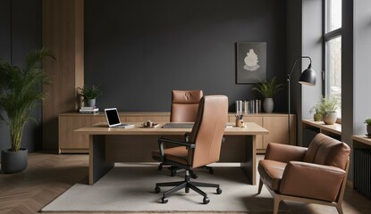 Modern Office Space with Leather Furniture and Plants