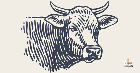 Cow, bull, beef. Hand drawn vintage retro print, black white cow, bull, beef sketch ink pencil drawing, engrave old school. Sketch artwork silhouette cow. Side view profile bull. Vector Illustration