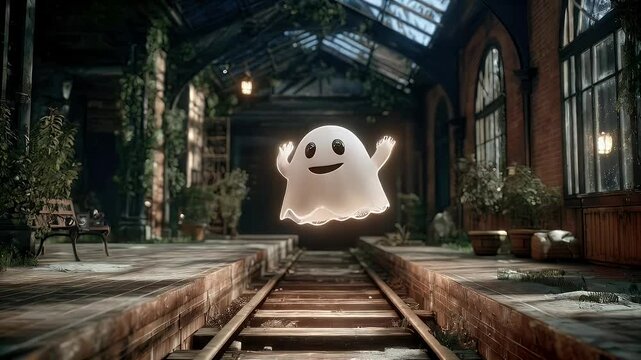 Cute ghost above railway tracks in abandoned train station