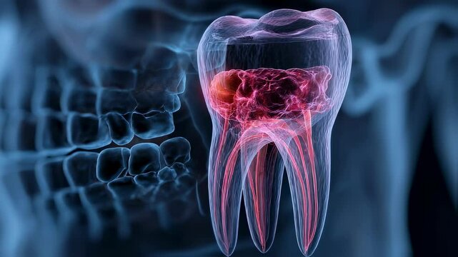 Medical animation revealing painful dry socket inflammation in jawbone after tooth extraction, detailing alveolar osteitis impact on oral health