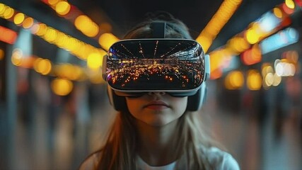 Girl immersed in vibrant VR cityscape