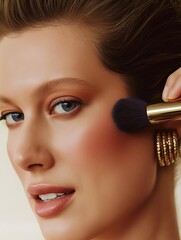Сlose-up of a young woman gently applying blush with a premium makeup brush