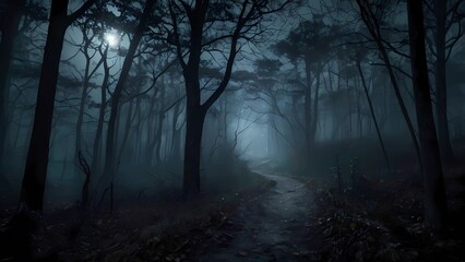 Fototapeta premium Mysterious forest with a moonlit path fog and a Halloween backdrop hint