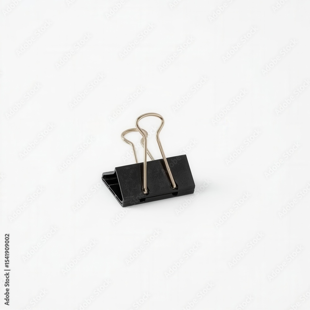 Poster a black clip with a gold handle sits on a white background. the clip is made of metal and has a shar